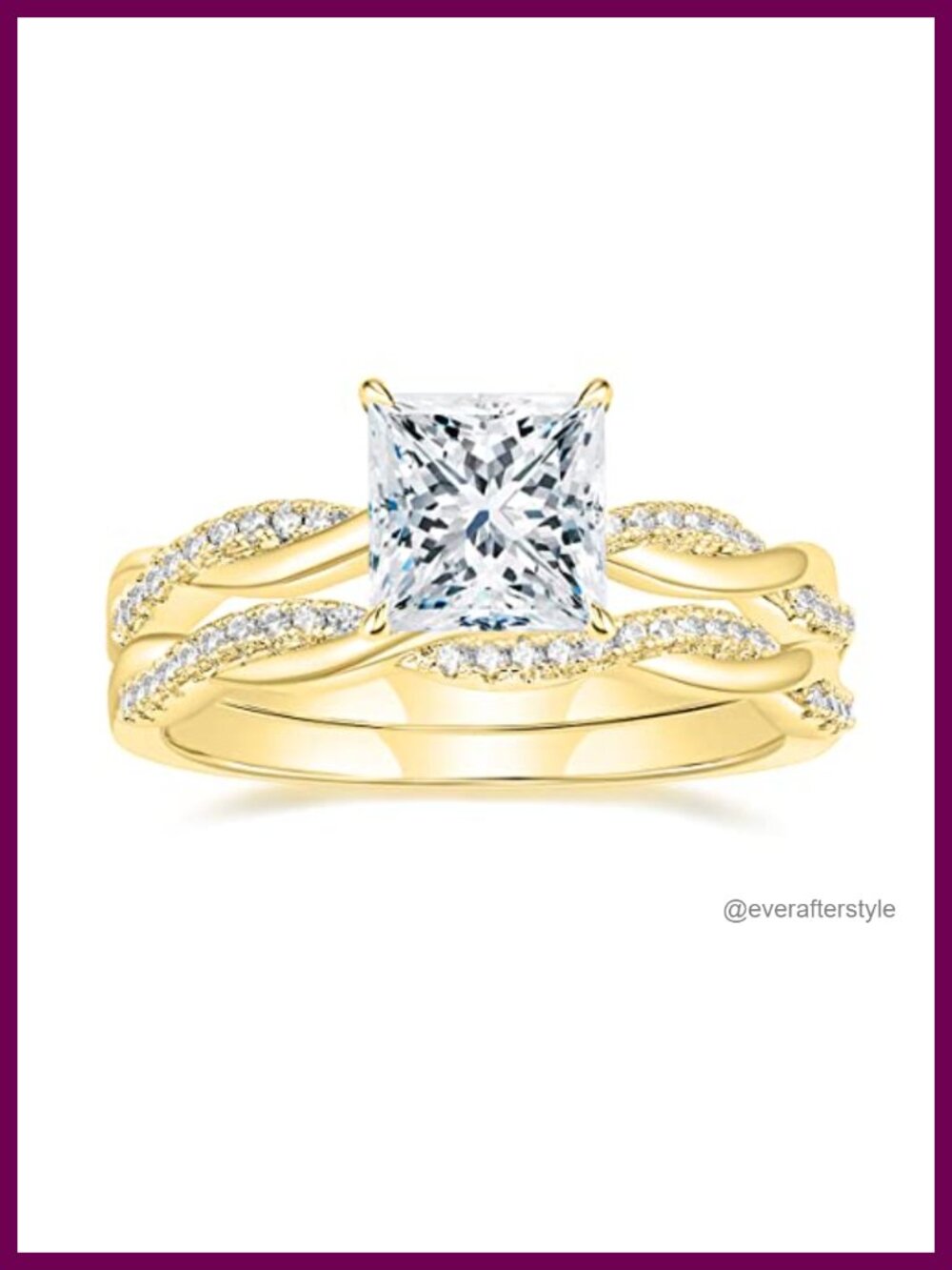 2ct Princess Cut CZ Gold Plated Wedding Ring Set Bridal Stackable